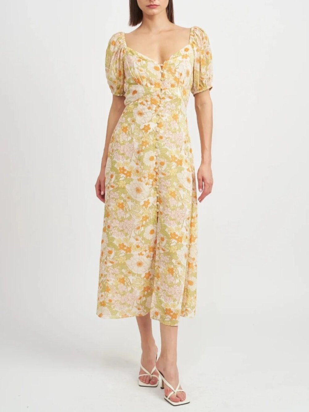 En Saison Annie Midi Dress - Floral Puff-Sleeve - Yellow, Orange & Cream